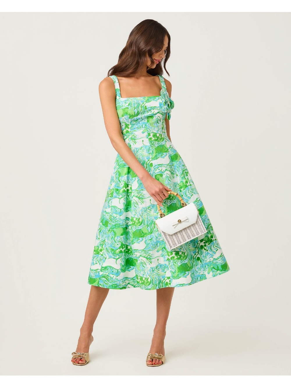 Green Floral A-Line Midi Dress with Square Neck LILLY UEC 16